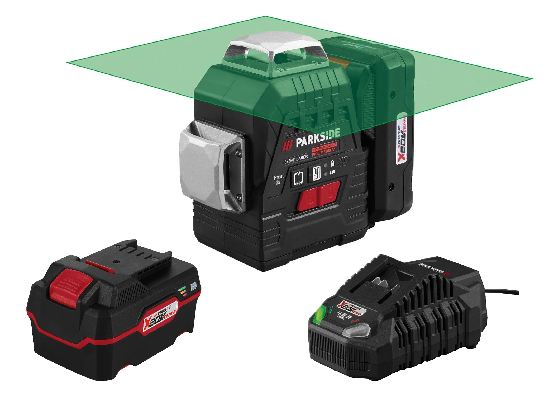 PARKSIDE PERFORMANCE Accu-kruislijnlaser 20 V met 4 Ah accu's en 4,5 A lader