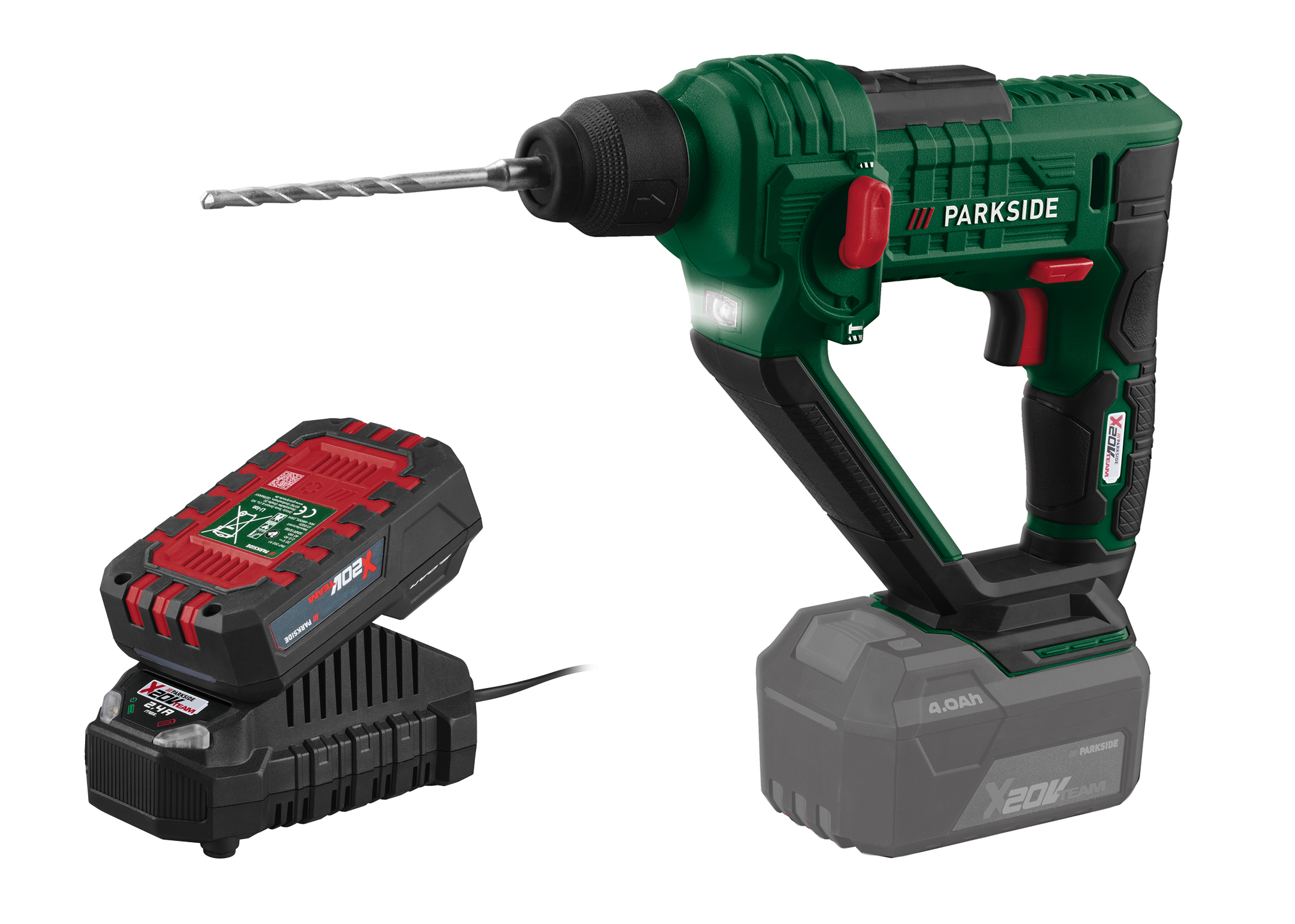 PARKSIDE Accu-boorhamer 20 V, 1 J, met accu 2 Ah en lader 2,4 A (4054599289380)