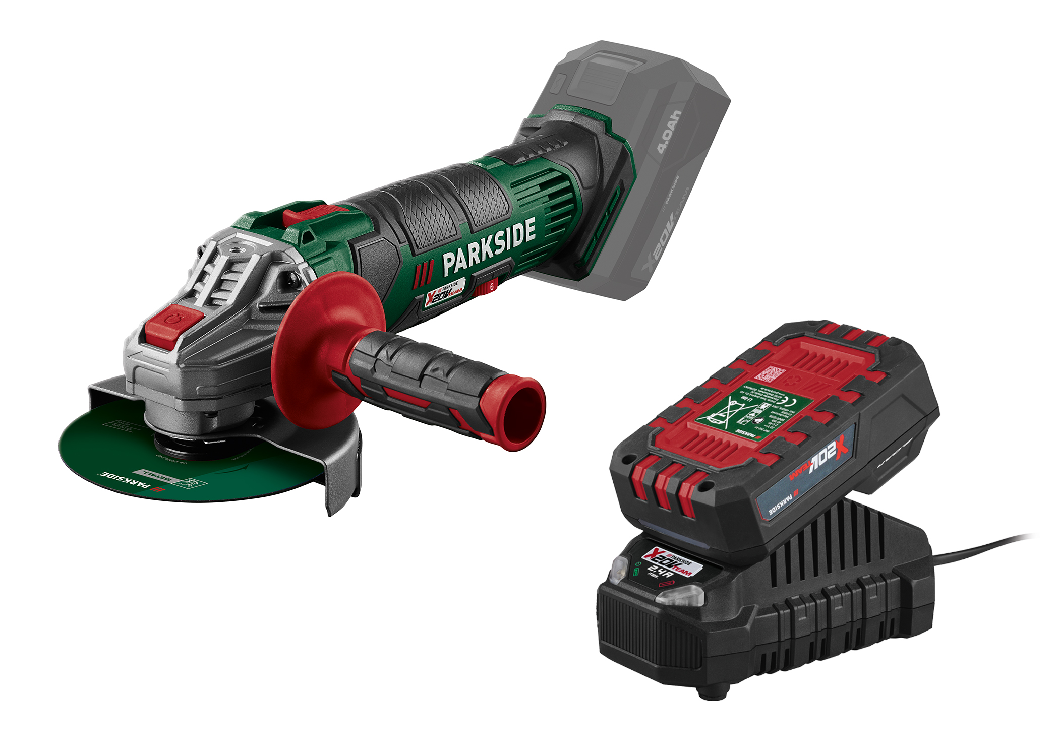 PARKSIDE Accu-haakse slijper 20 V, 125 mm, met accu 2 Ah en lader 2,4 A (4054599423623)