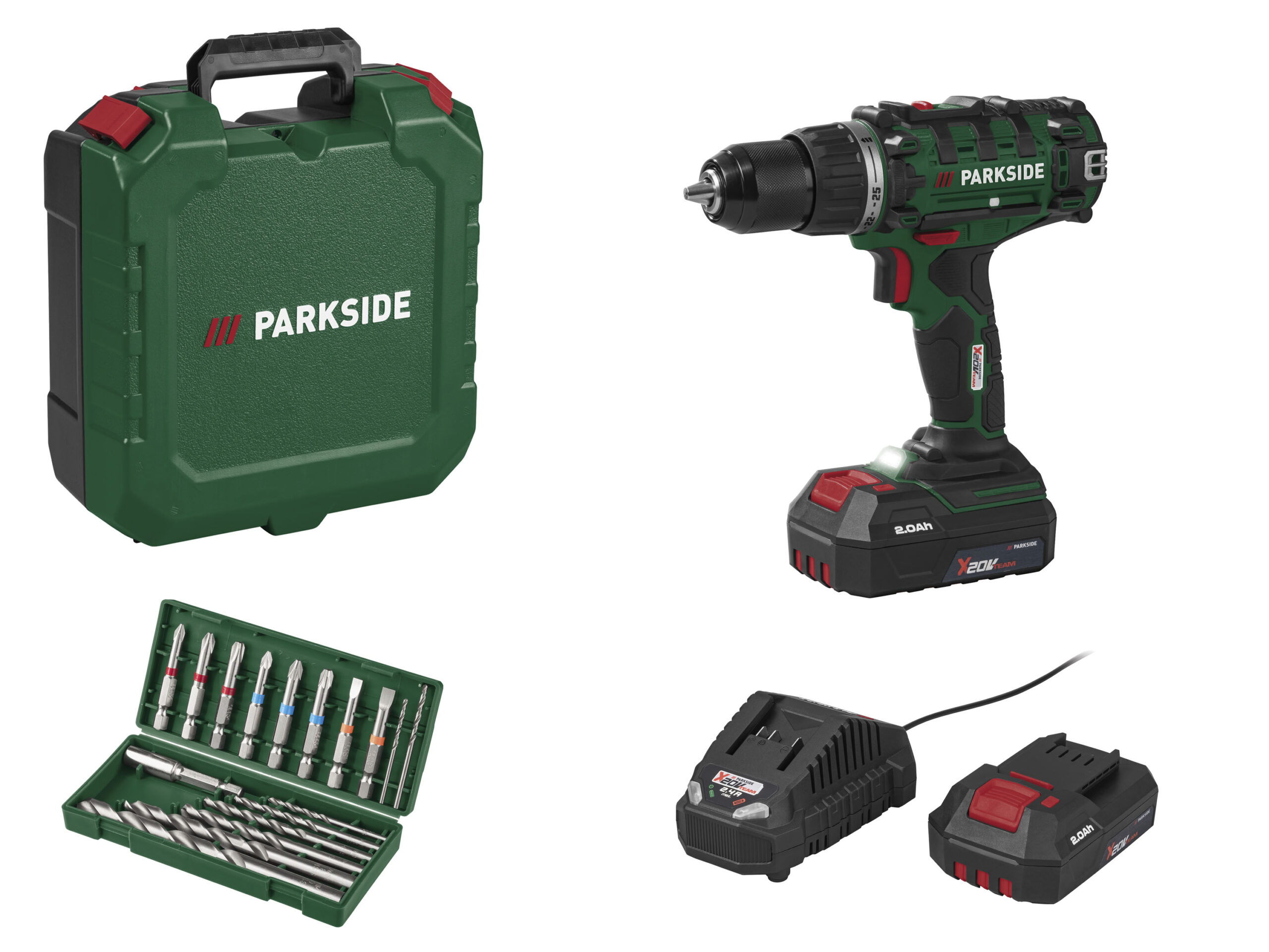 PARKSIDE Accu-schroefboormachine set 20 V 45 Nm, met accu 2 Ah en lader 2,4 A, incl. 17-delige accessoireset (4054599445472)