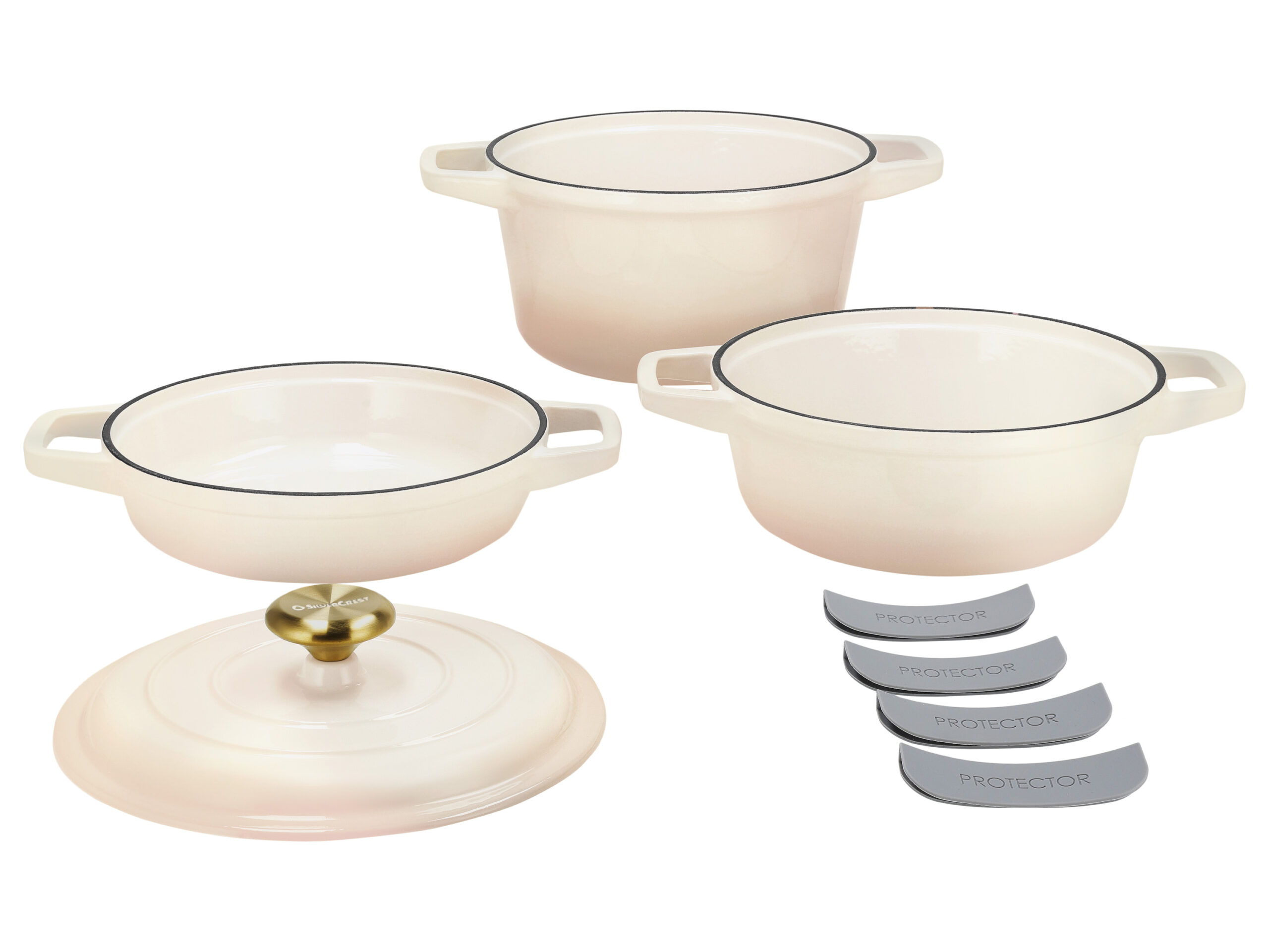 SILVERCREST Gietijzeren pannenset, 3 pannen, 1 deksel (Beige) (4054599415031)