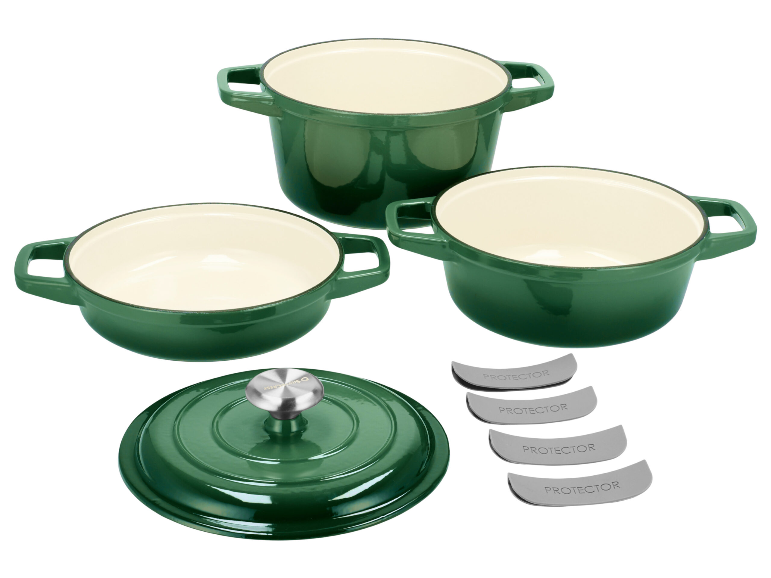 SILVERCREST Gietijzeren pannenset, 3 pannen, 1 deksel (Groen) (4054599415024)