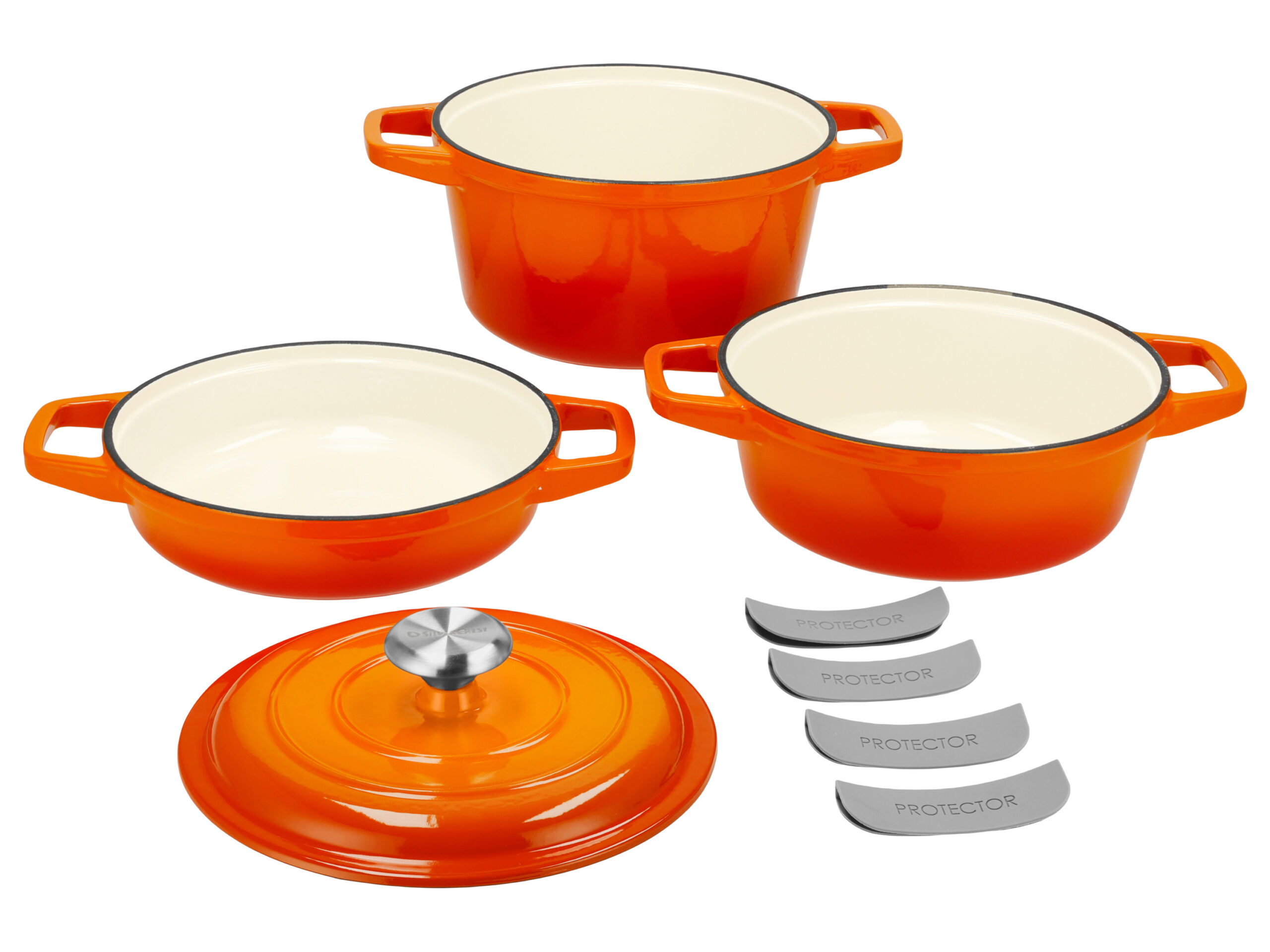 SILVERCREST Gietijzeren pannenset, 3 pannen, 1 deksel (Oranje) (4054599415048)