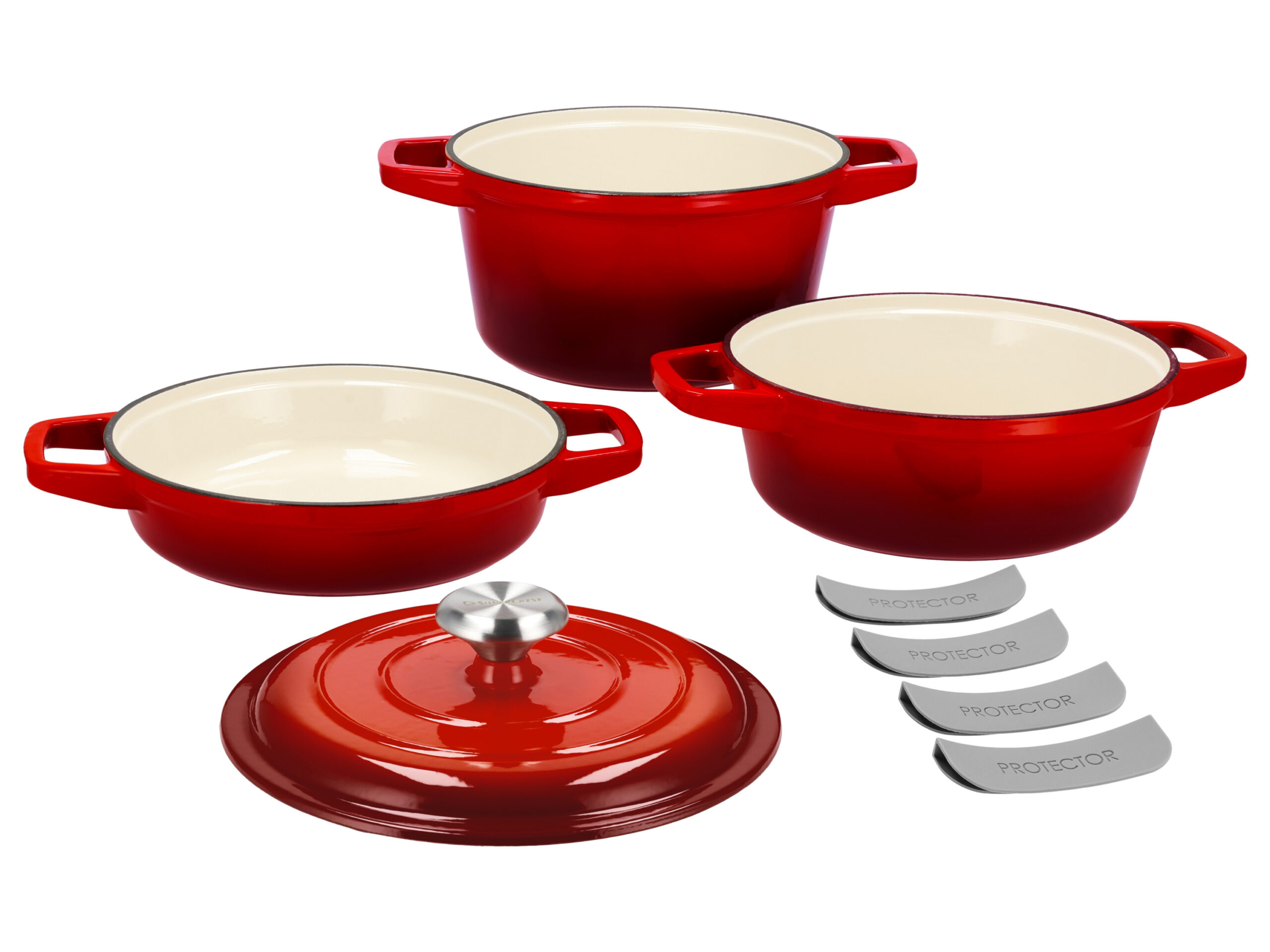 SILVERCREST Gietijzeren pannenset, 3 pannen, 1 deksel (Rood) (4054599415000)