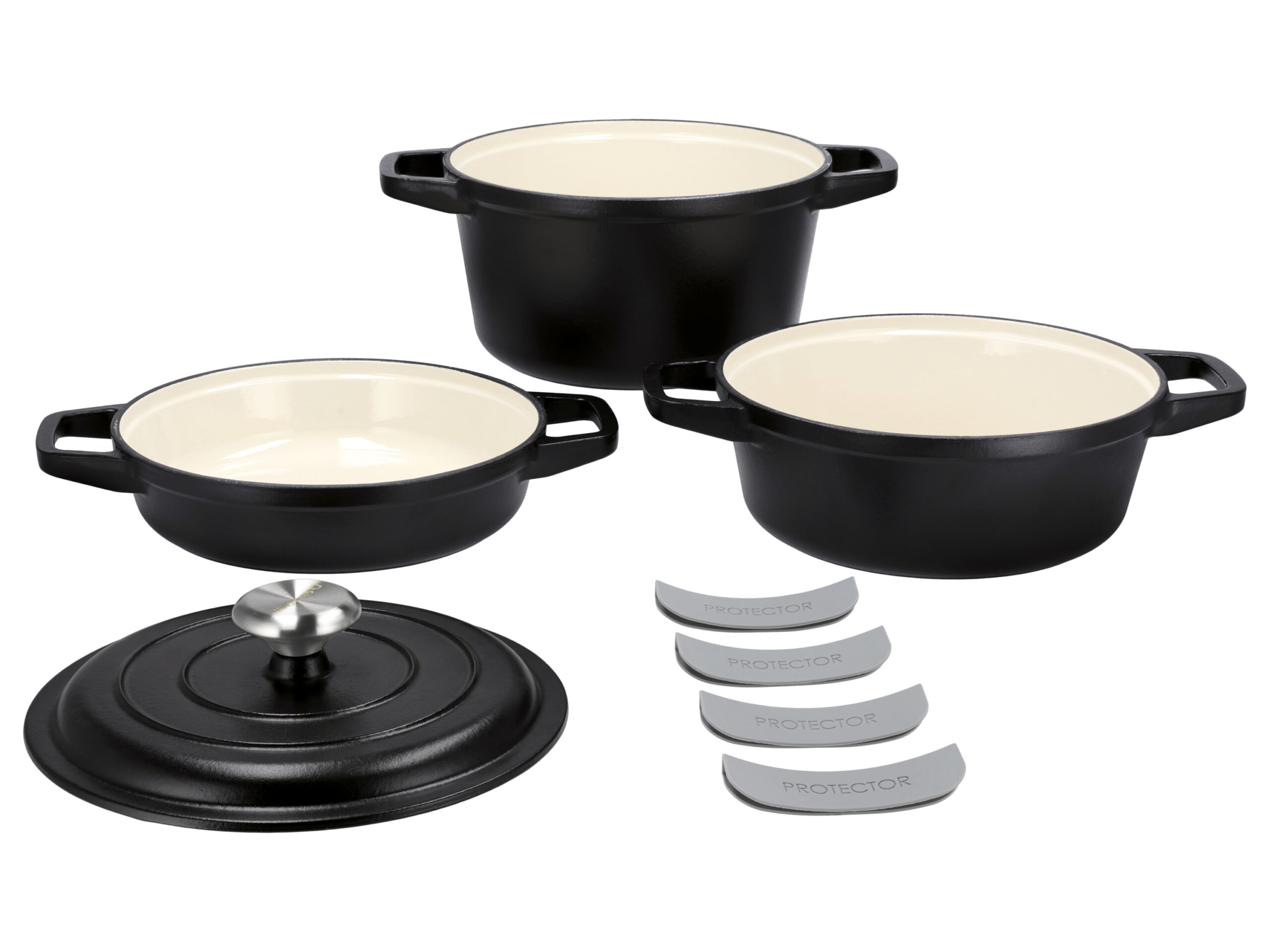 SILVERCREST Gietijzeren pannenset, 3 pannen, 1 deksel (Zwart) (4054599415017)